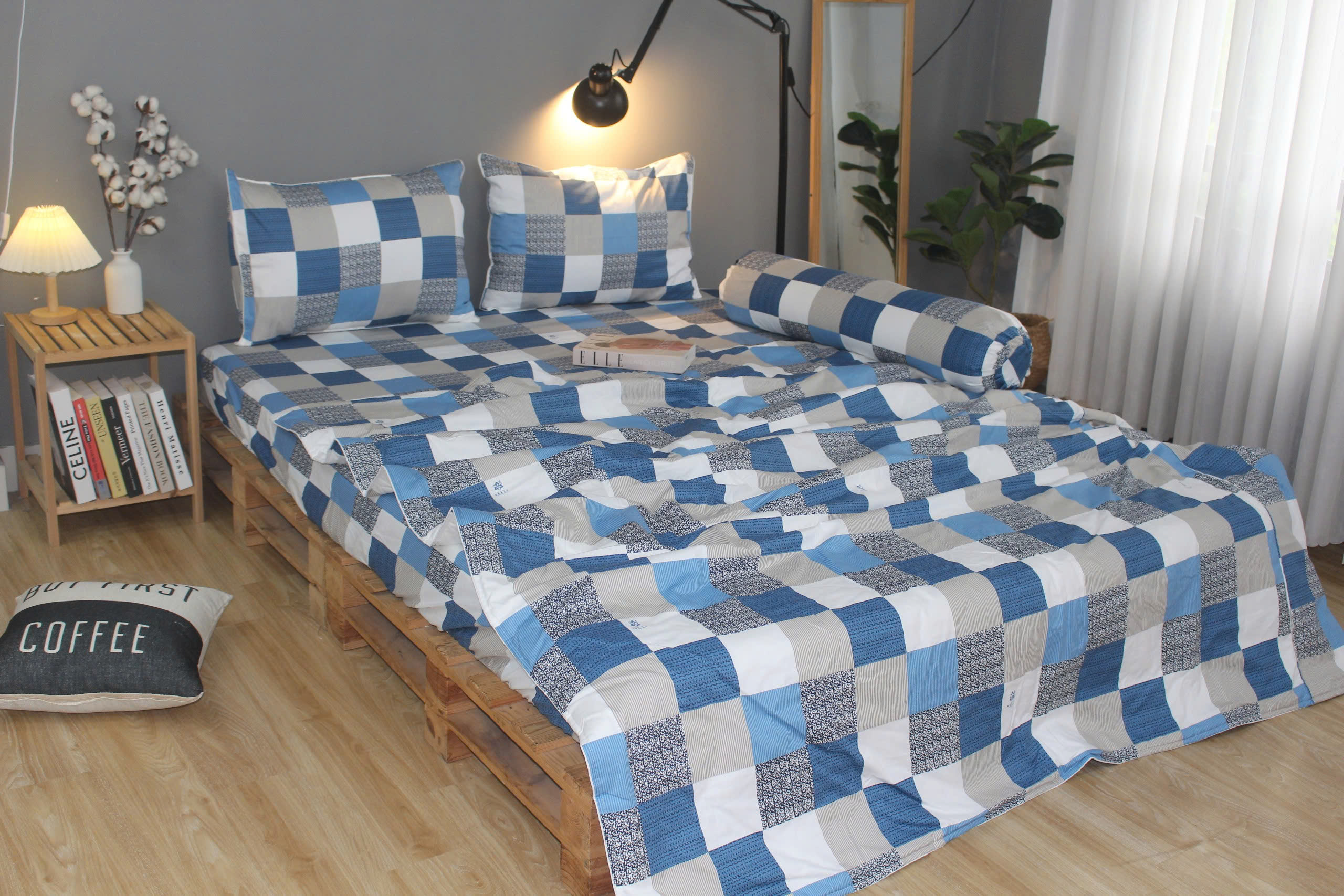Bộ drap gối KHA LY - 100% cotton thiên nhiên Caro Xám