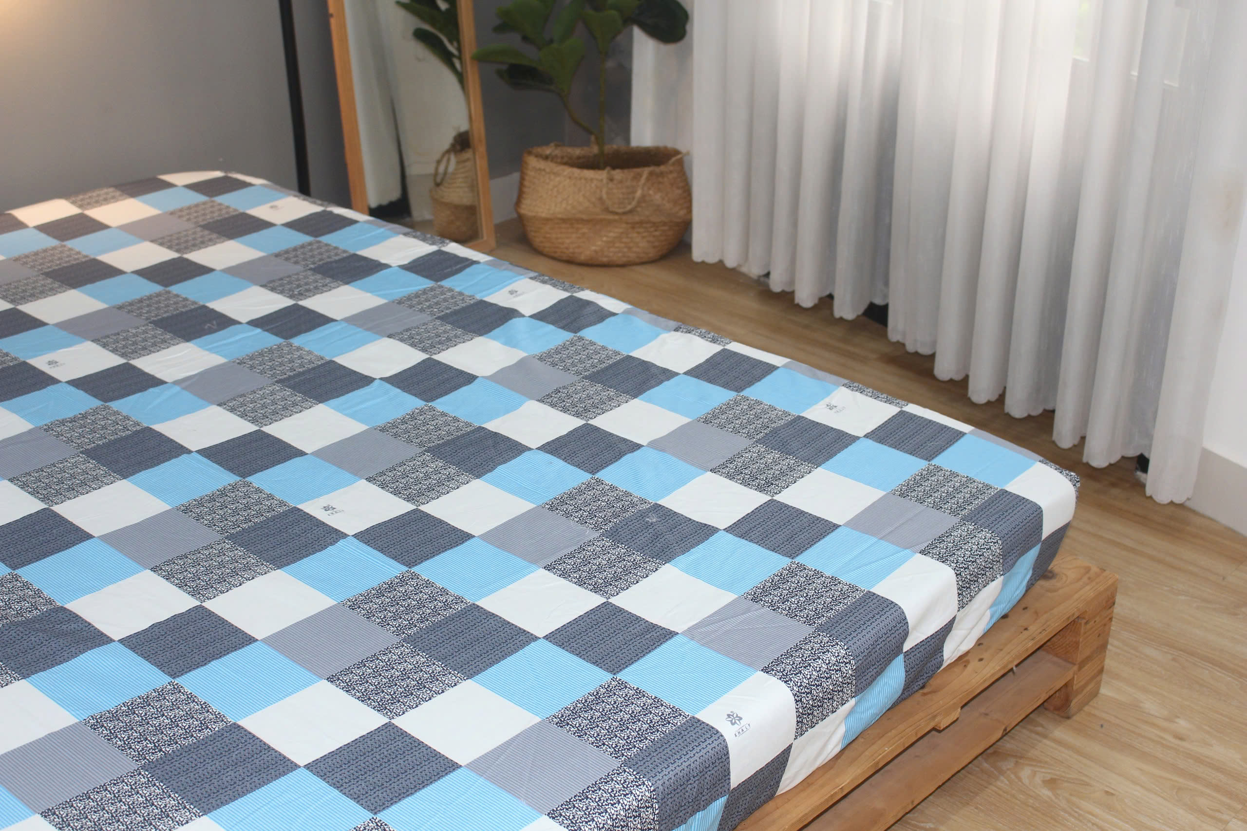 Bộ drap gối KHA LY - 100% cotton thiên nhiên Caro Xanh
