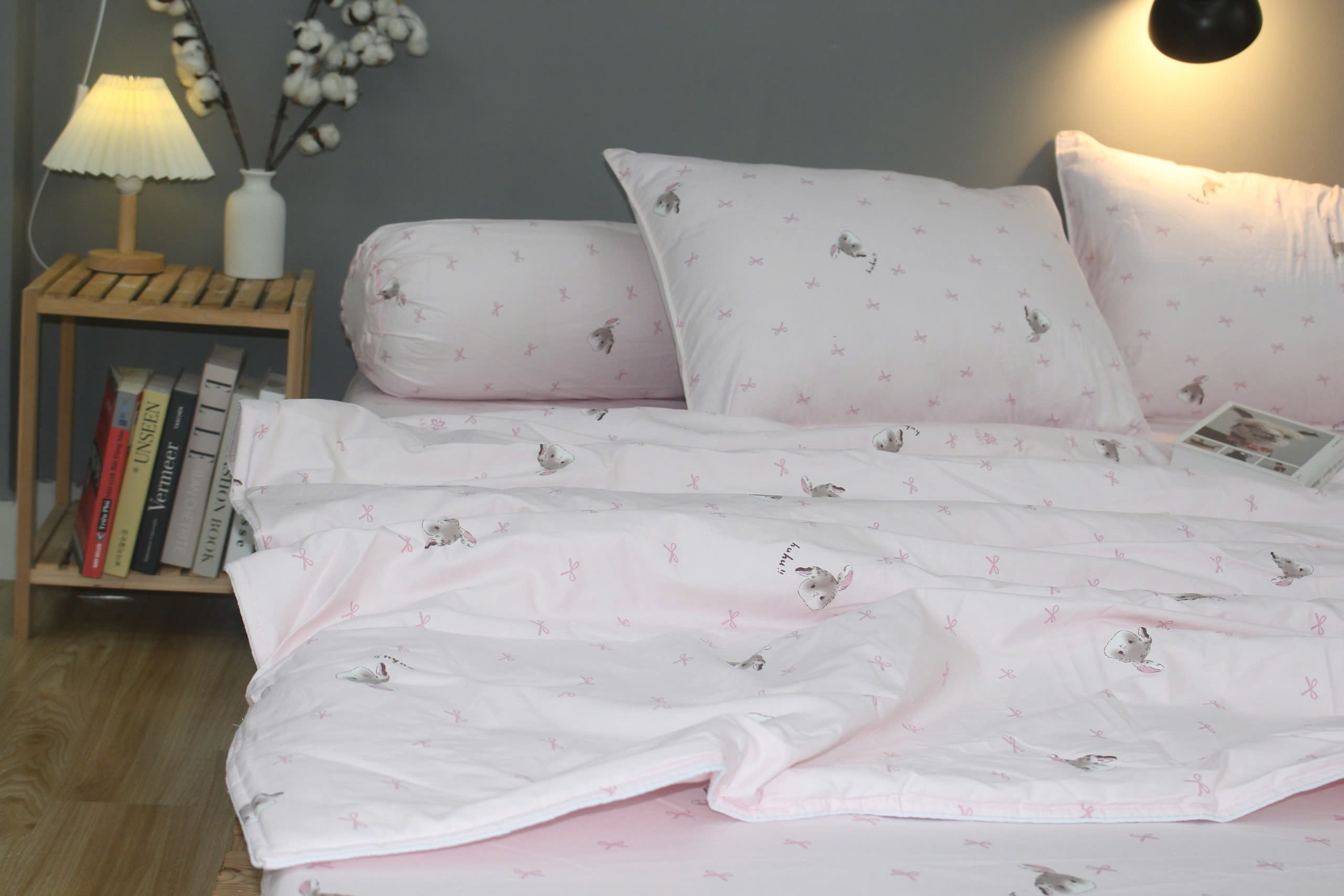 Bộ drap gối KHA LY - 100% cotton thiên nhiên Thỏ Nơ Hồng