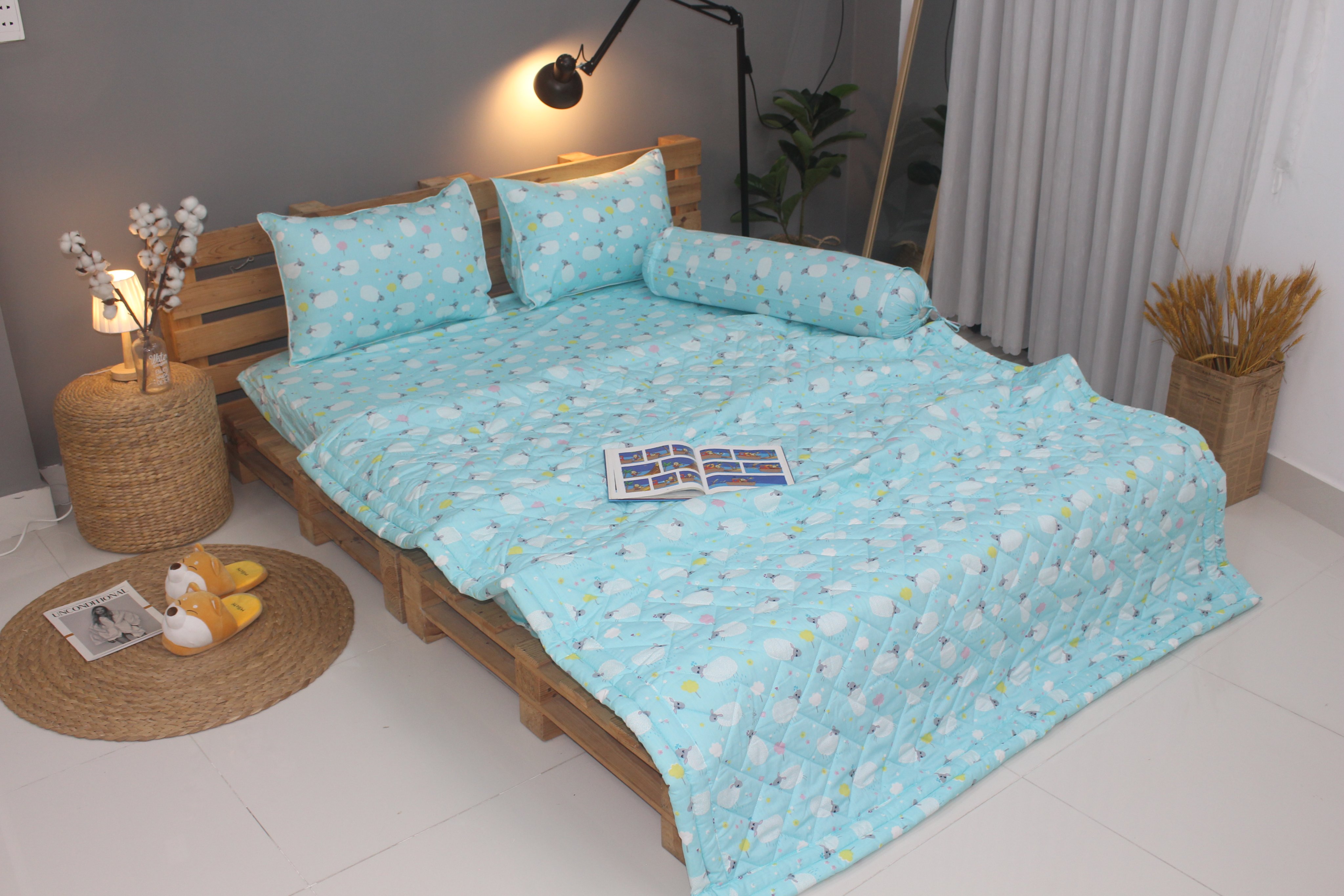 Bộ drap gối KHA LY - 100% cotton thiên nhiên  Cừu Xanh Ngọc