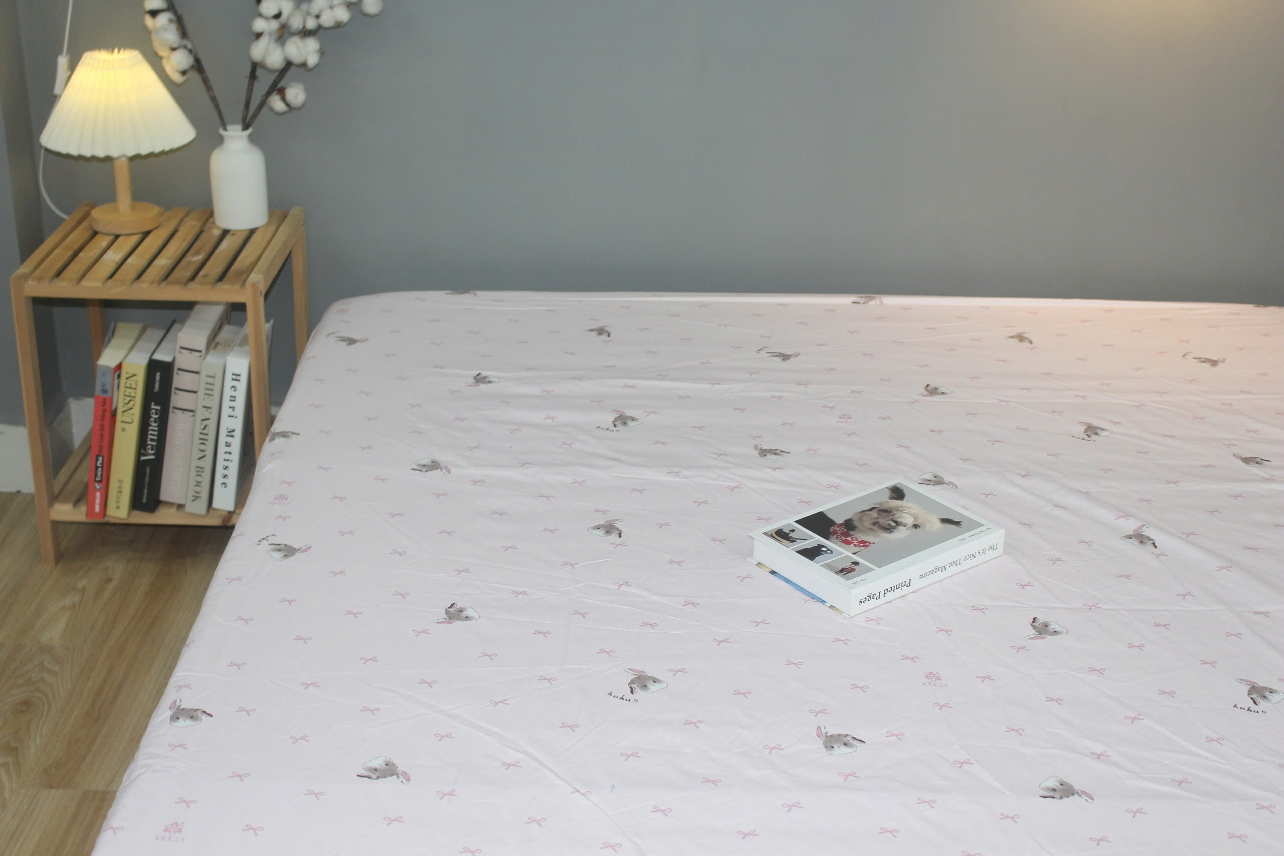 Bộ drap gối KHA LY - 100% cotton thiên nhiên Thỏ Nơ Hồng