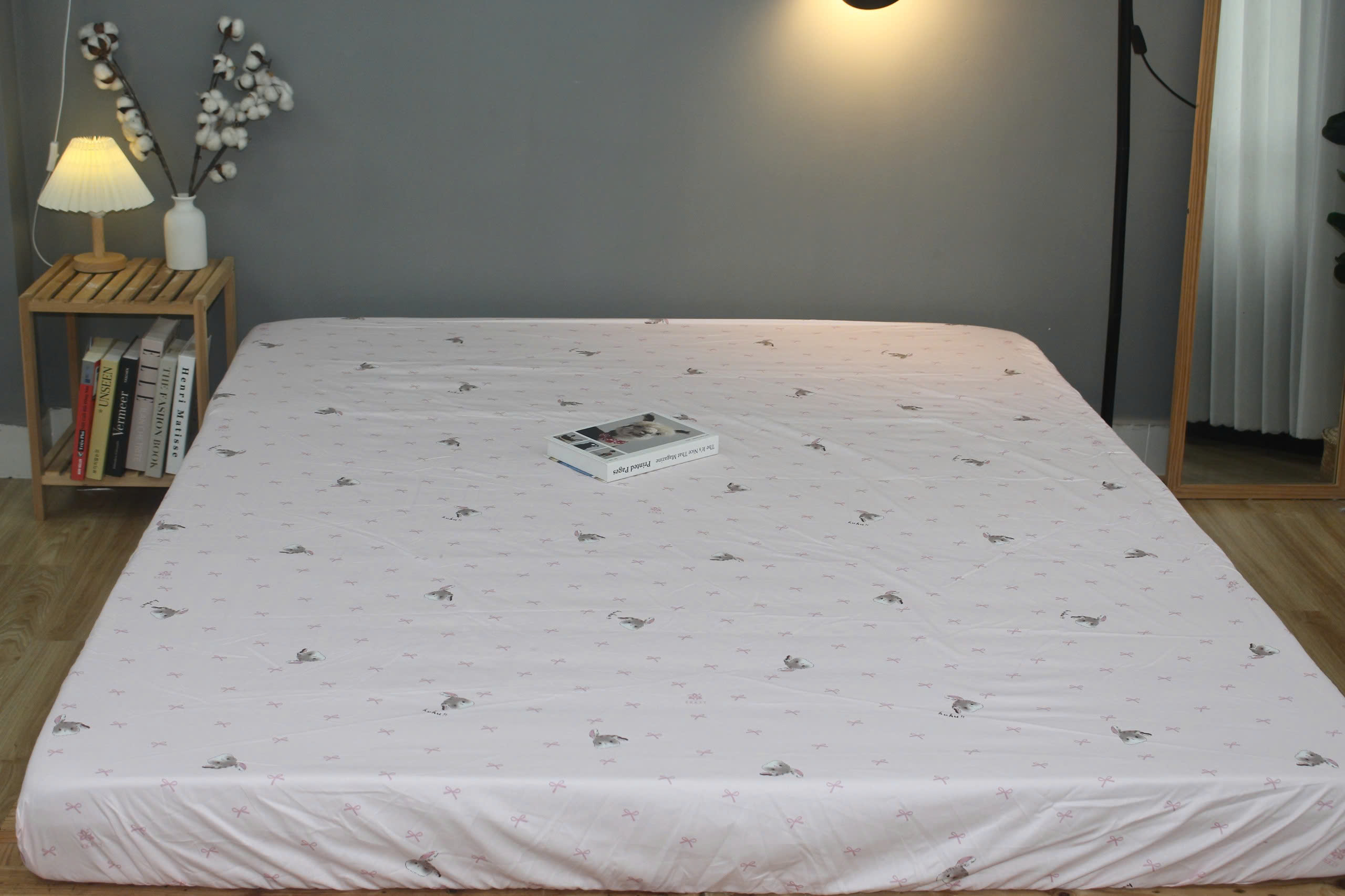 Bộ drap gối KHA LY - 100% cotton thiên nhiên Thỏ Nơ Hồng