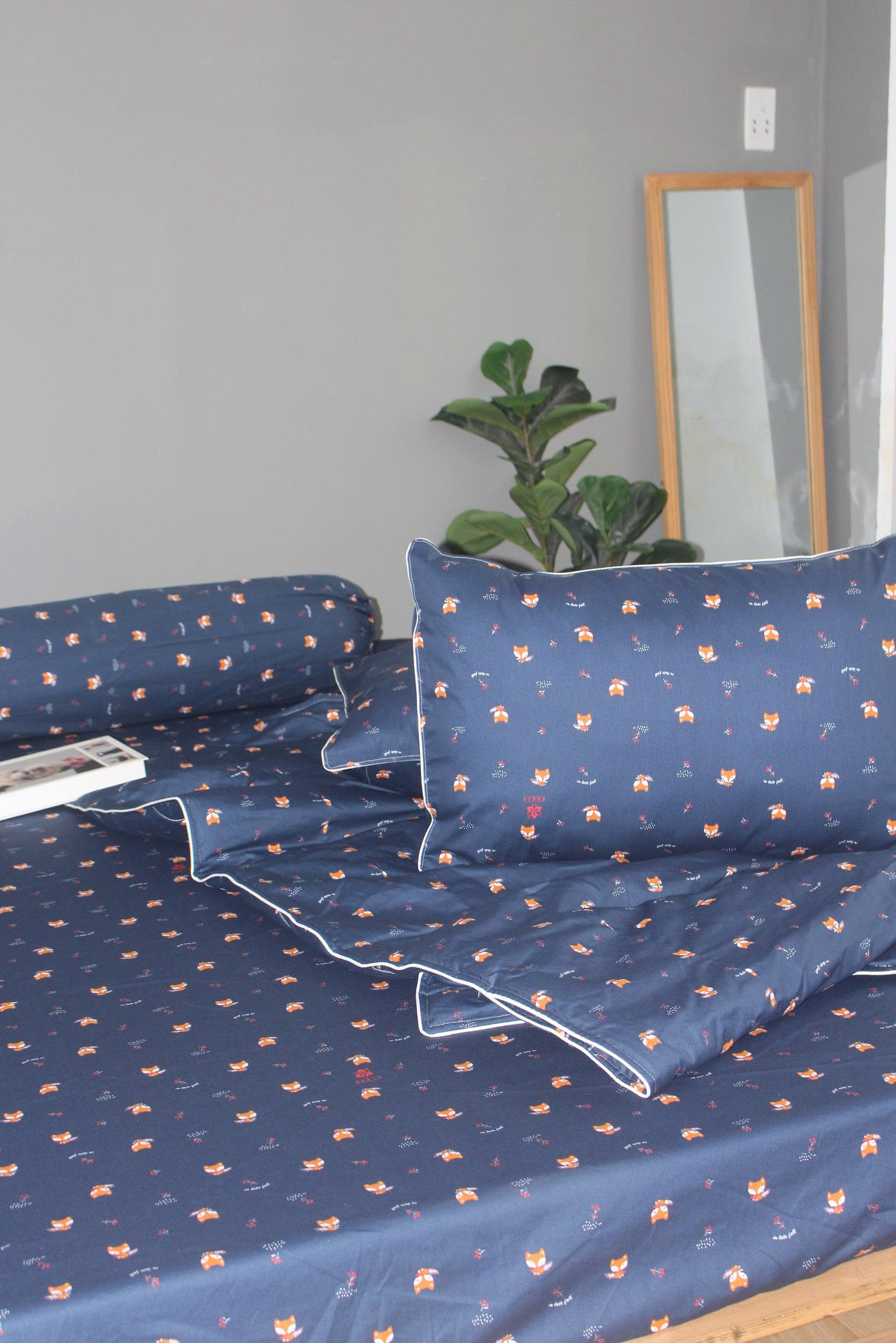 Bộ drap gối KHA LY - 100% cotton thiên nhiên Cáo Xanh
