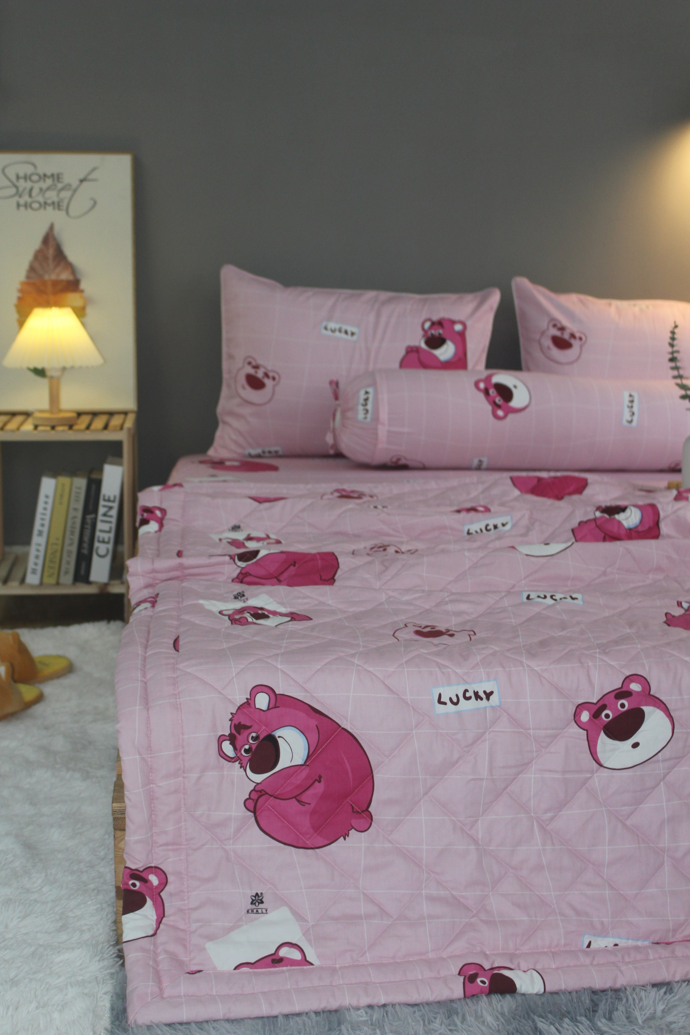 Bộ drap gối KHA LY - 100% cotton thiên nhiên  Lotso Hồng