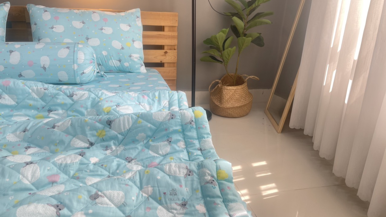 Bộ drap gối KHA LY - 100% cotton thiên nhiên  Cừu Xanh Ngọc