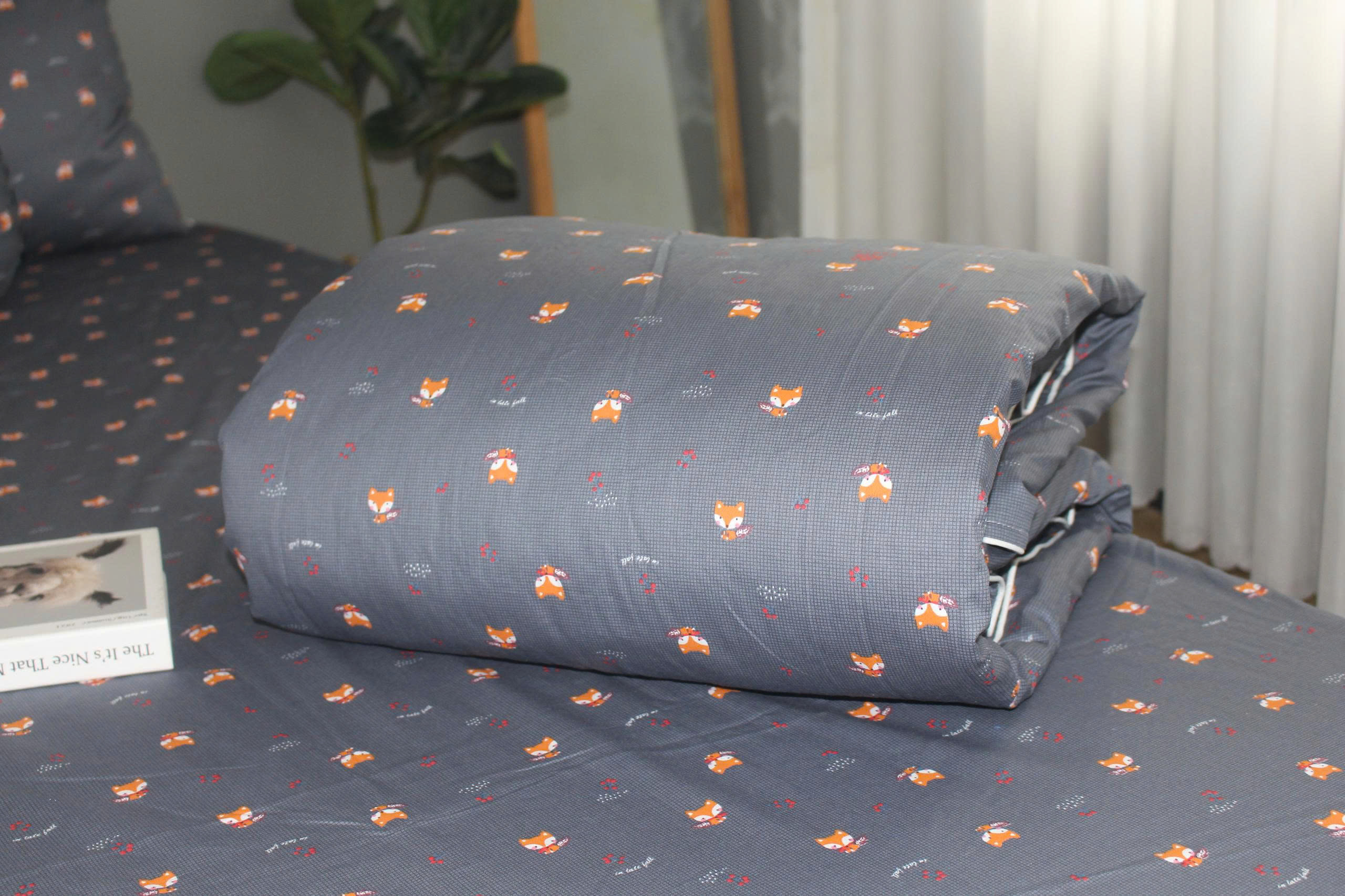 Bộ drap gối KHA LY - 100% cotton thiên nhiên Cáo Xám