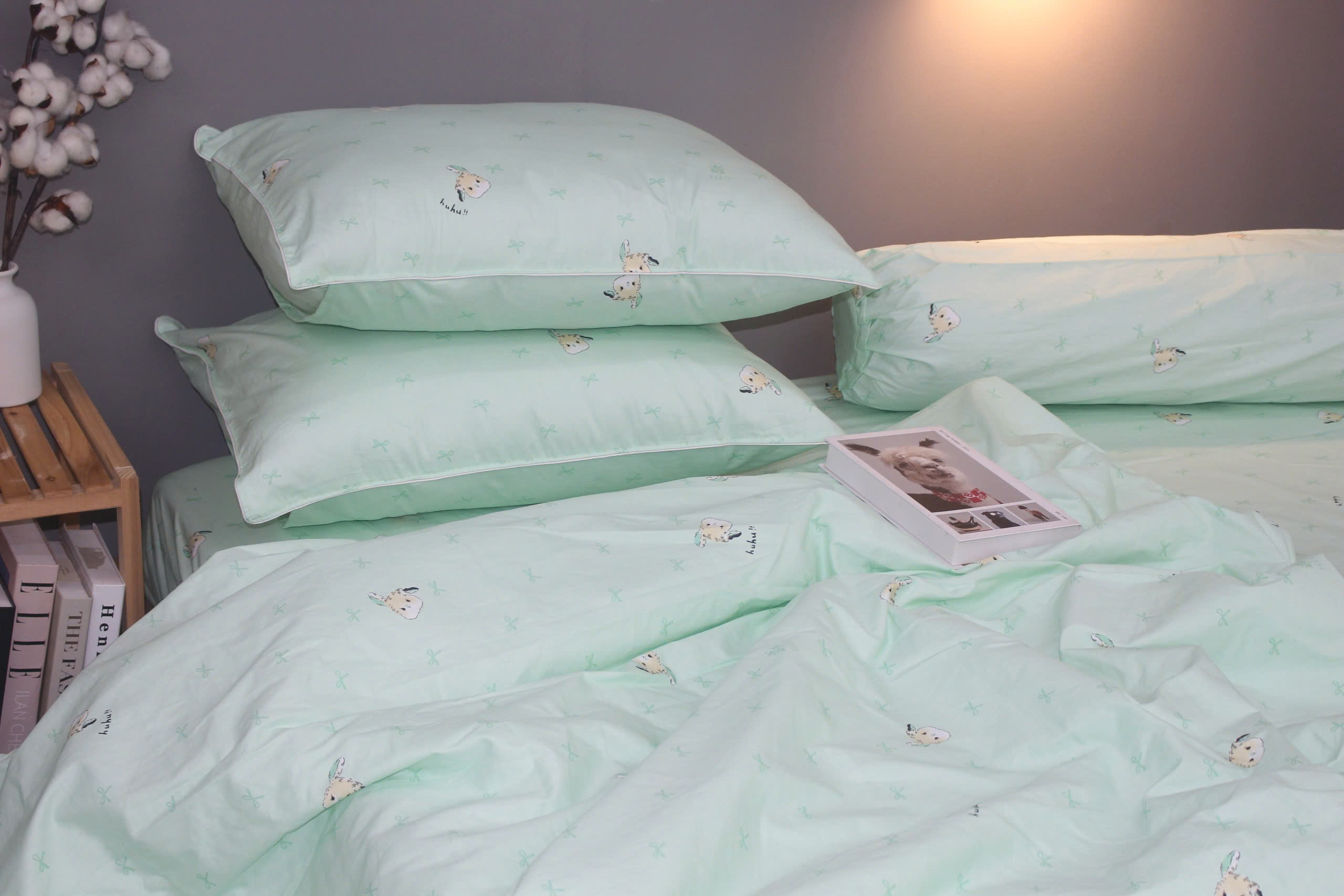 Bộ drap gối KHA LY - 100% cotton thiên nhiên Thỏ Nơ Lá