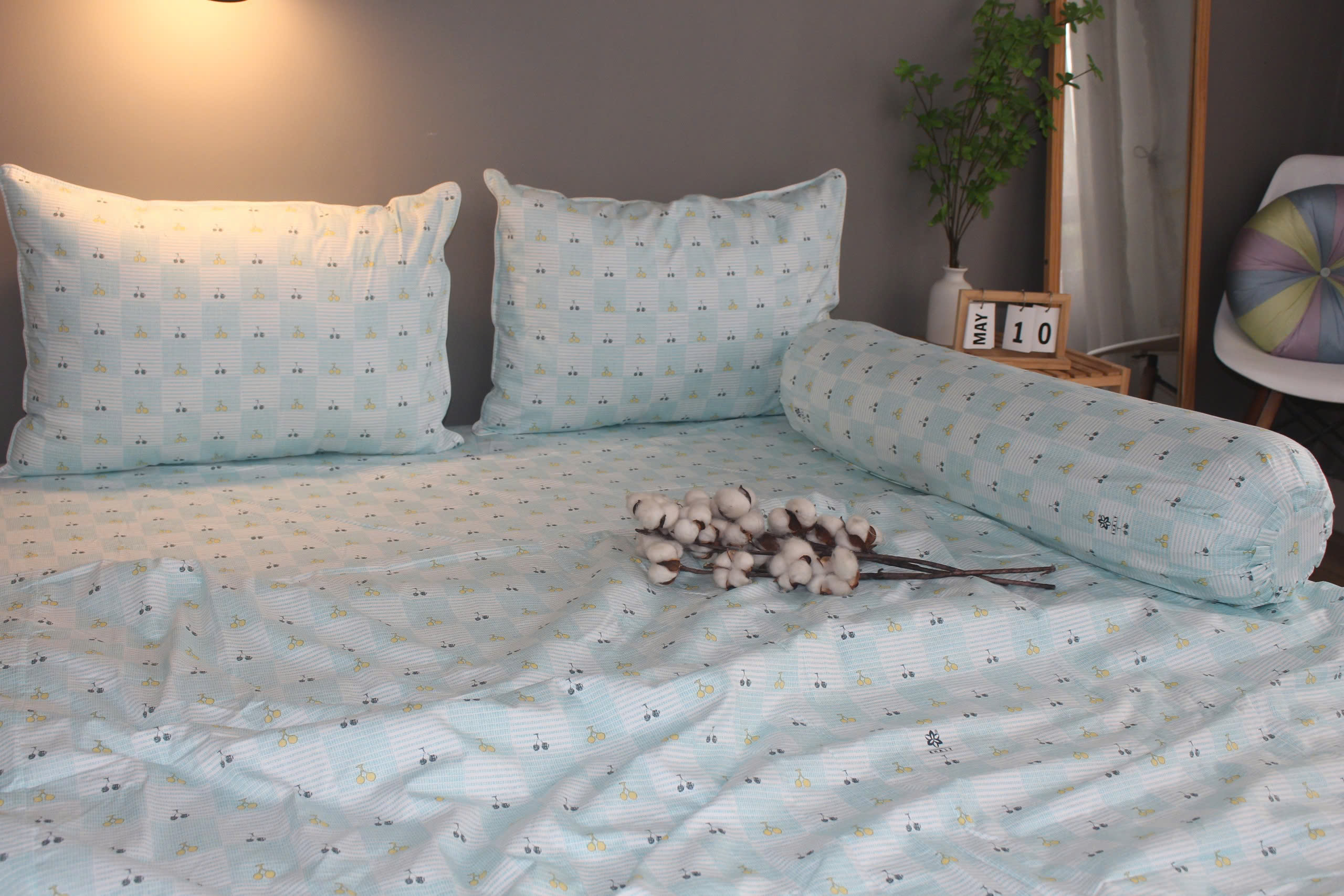 Bộ drap gối KHA LY - 100% cotton thiên nhiên Cherry Ngọc