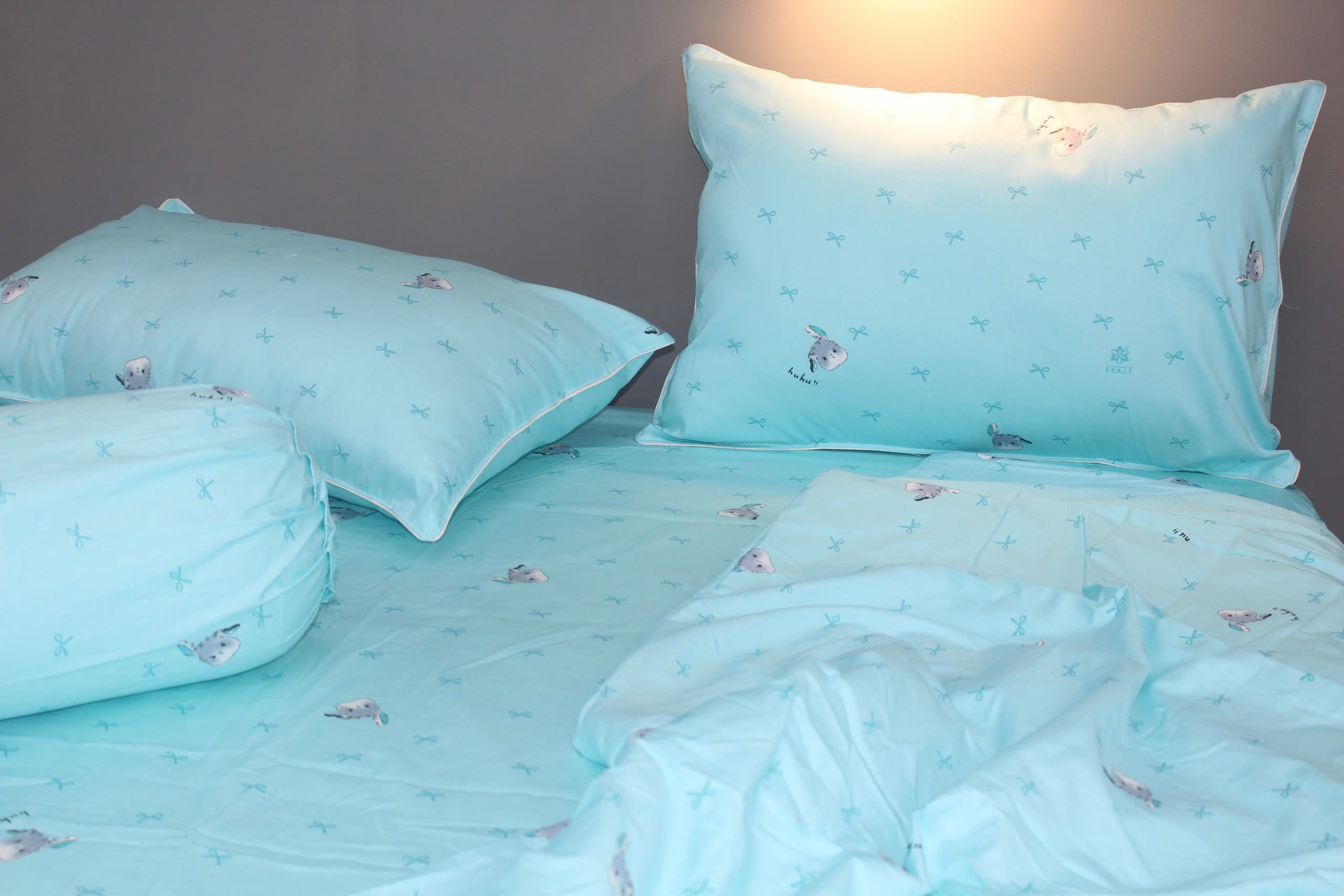 Bộ drap gối KHA LY - 100% cotton thiên nhiên Thỏ Nơ Ngọc