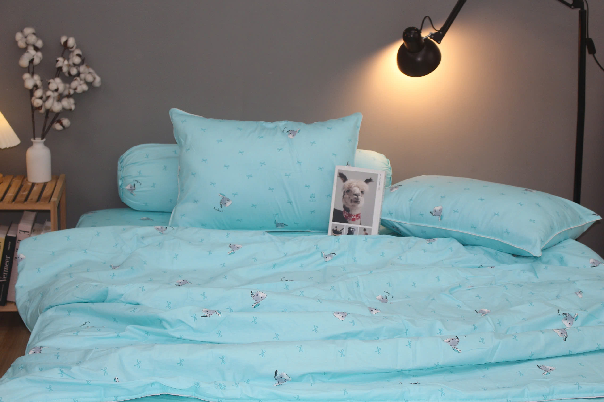Bộ drap gối KHA LY - 100% cotton thiên nhiên Thỏ Nơ Ngọc