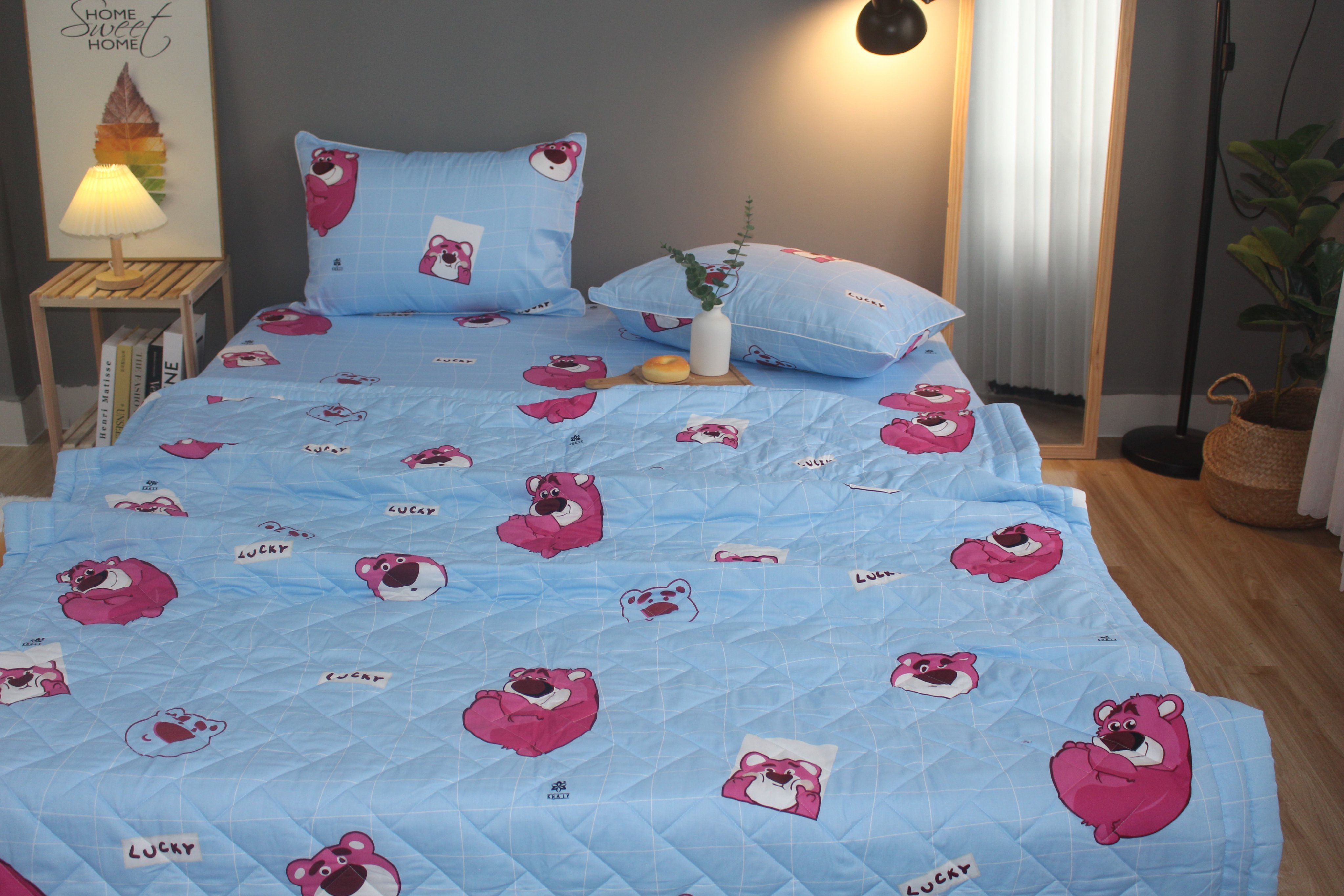 Bộ drap gối KHA LY - 100% cotton thiên nhiên  Lotso Xanh