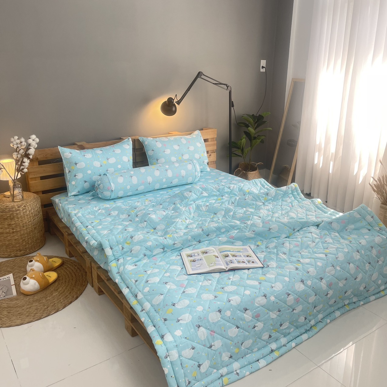 Bộ drap gối KHA LY - 100% cotton thiên nhiên  Cừu Xanh Ngọc