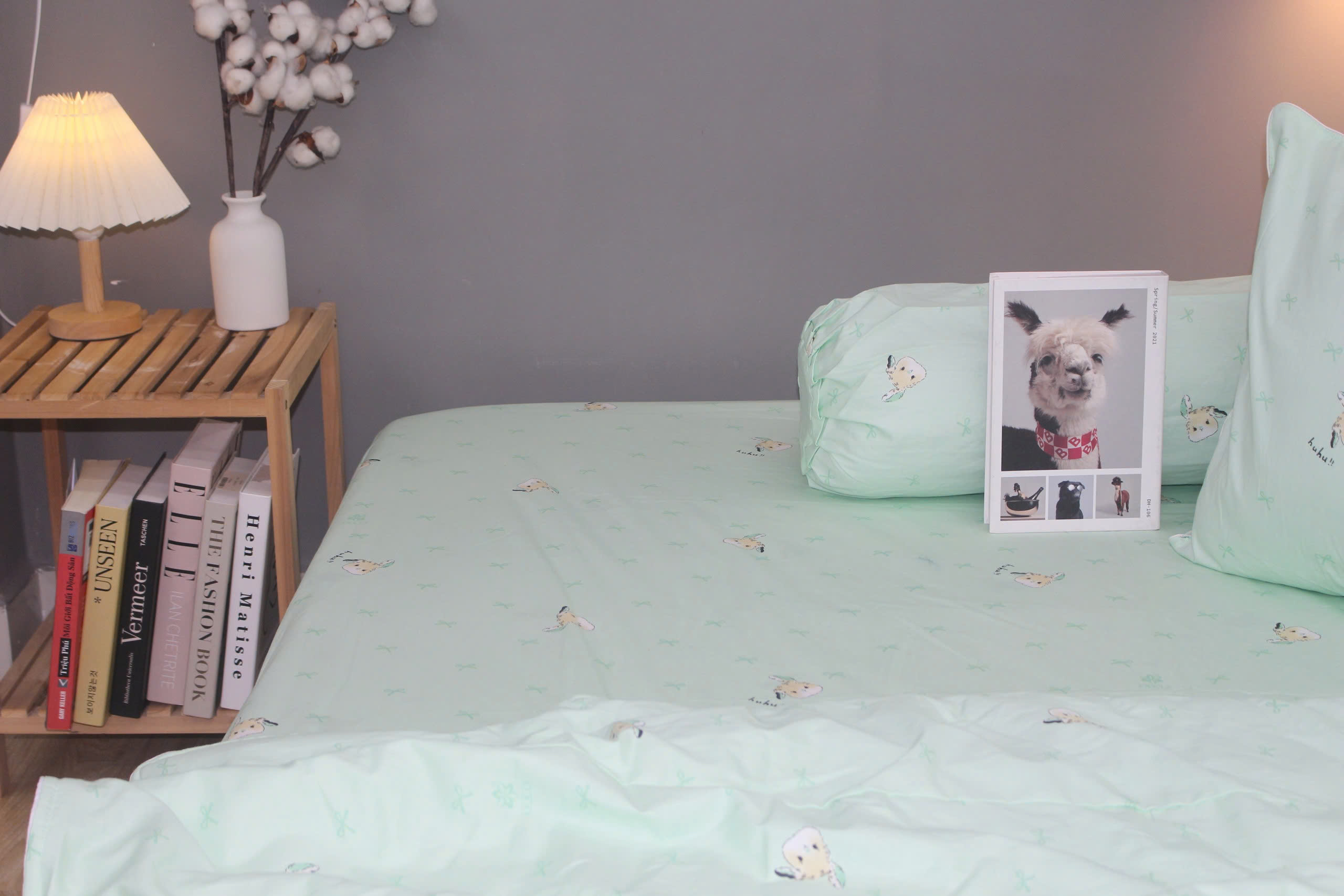 Bộ drap gối KHA LY - 100% cotton thiên nhiên Thỏ Nơ Lá