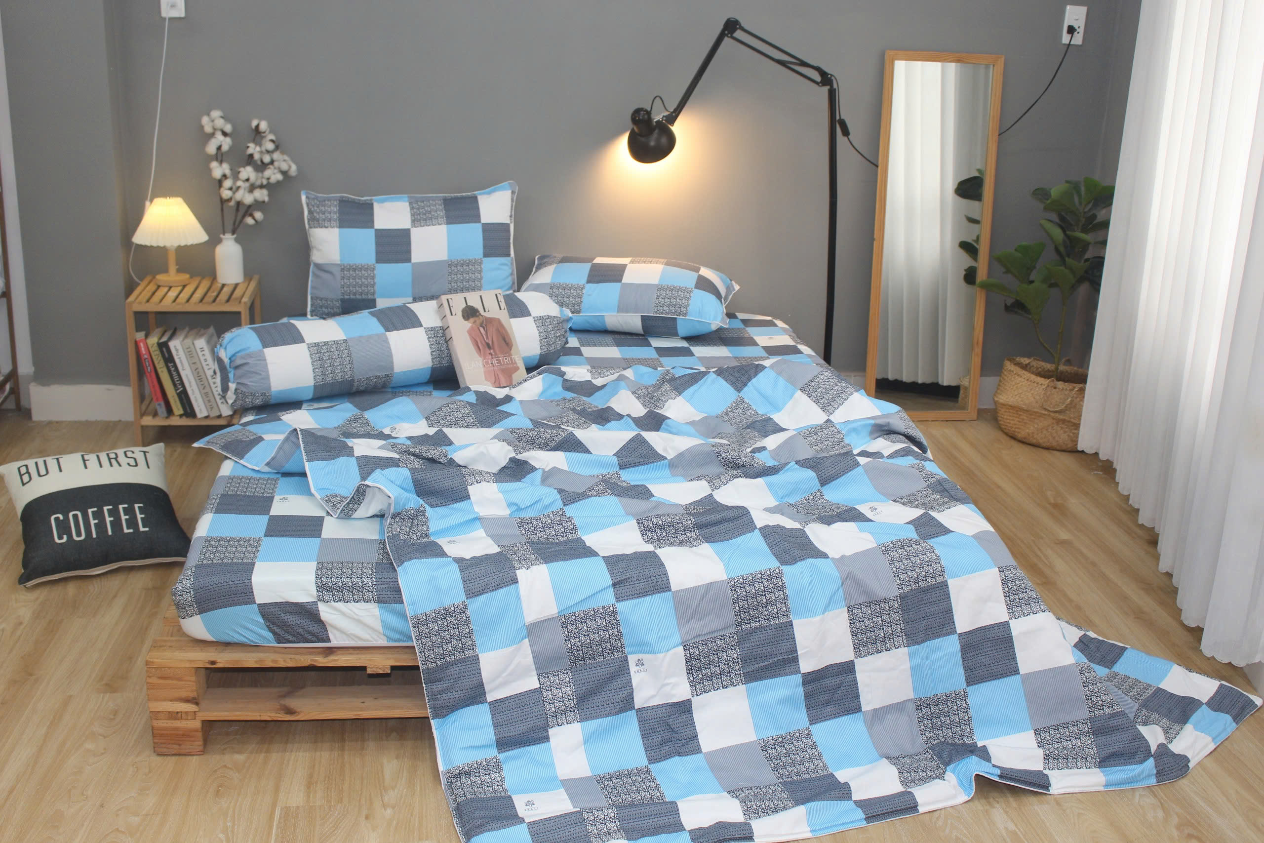Bộ drap gối KHA LY - 100% cotton thiên nhiên Caro Xanh