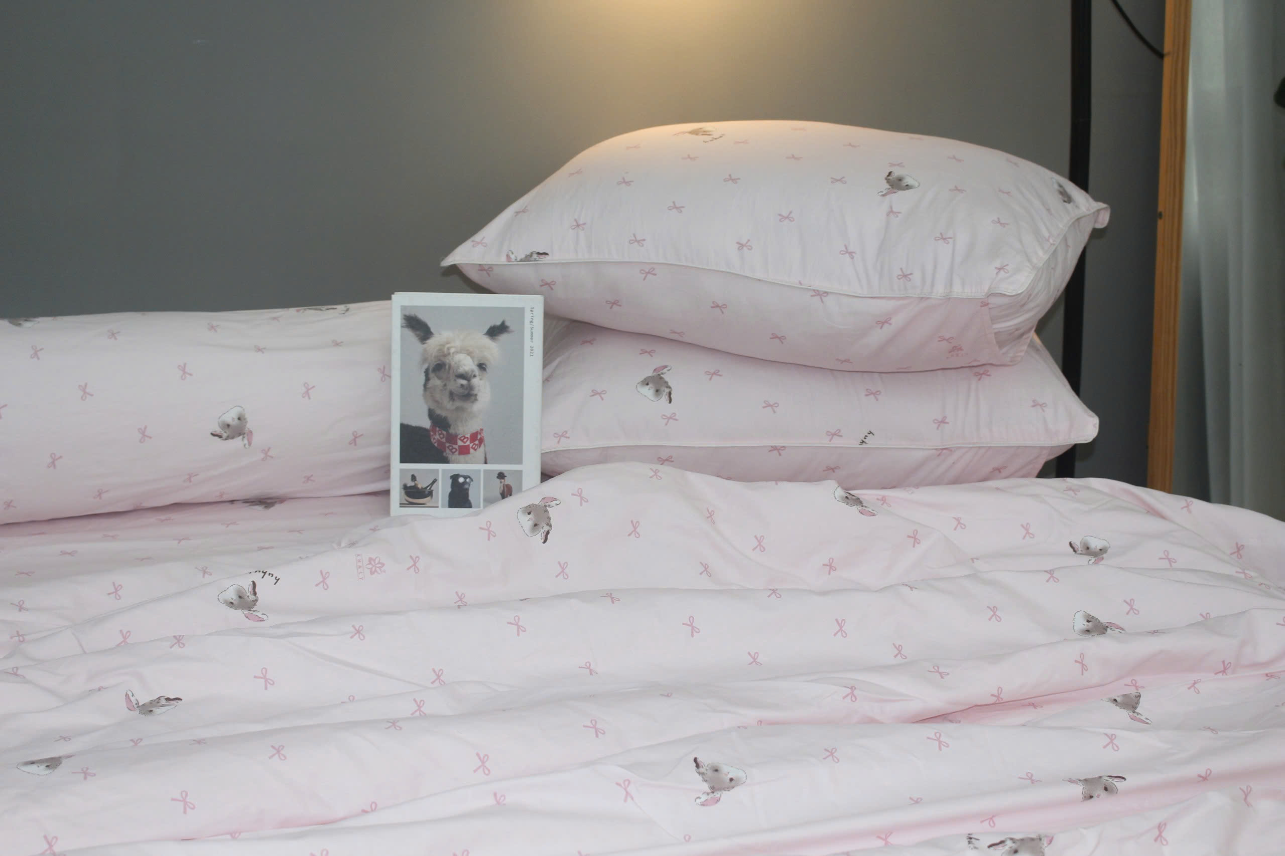 Bộ drap gối KHA LY - 100% cotton thiên nhiên Thỏ Nơ Hồng
