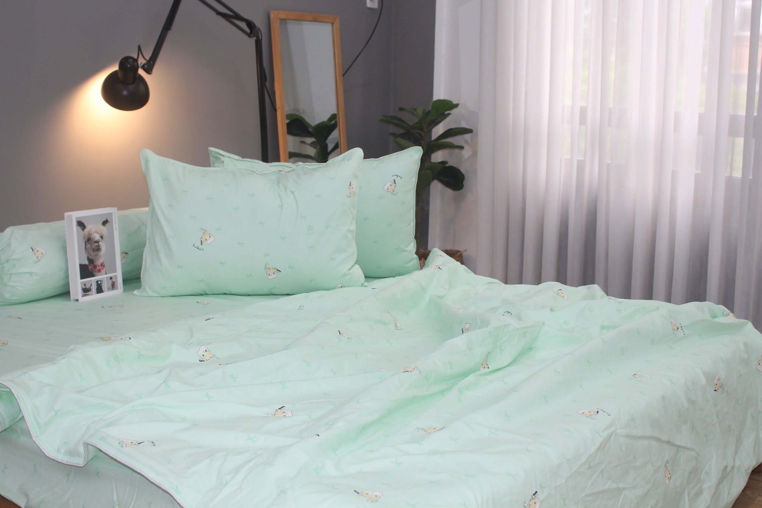 Bộ drap gối KHA LY - 100% cotton thiên nhiên Thỏ Nơ Lá