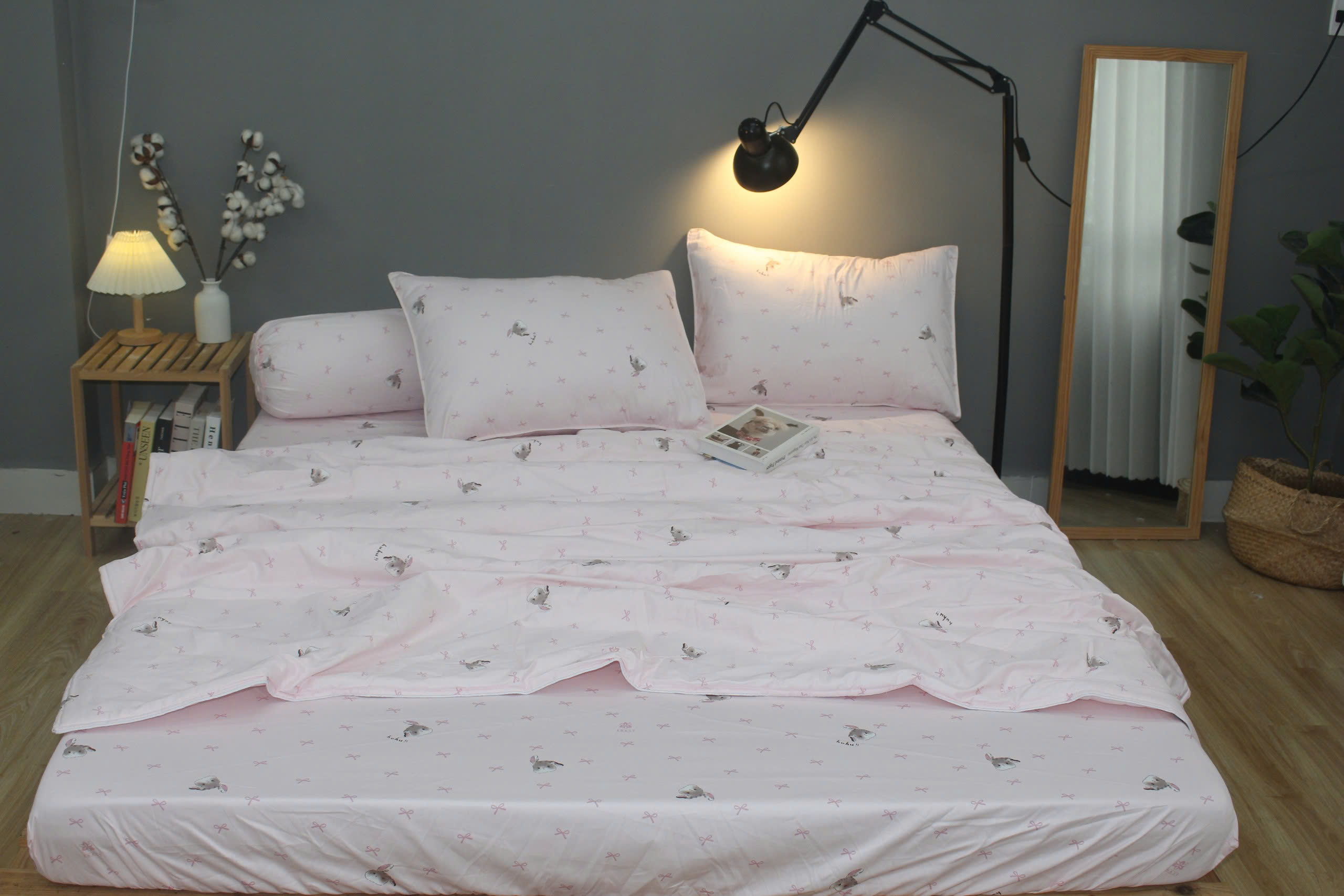 Bộ drap gối KHA LY - 100% cotton thiên nhiên Thỏ Nơ Hồng