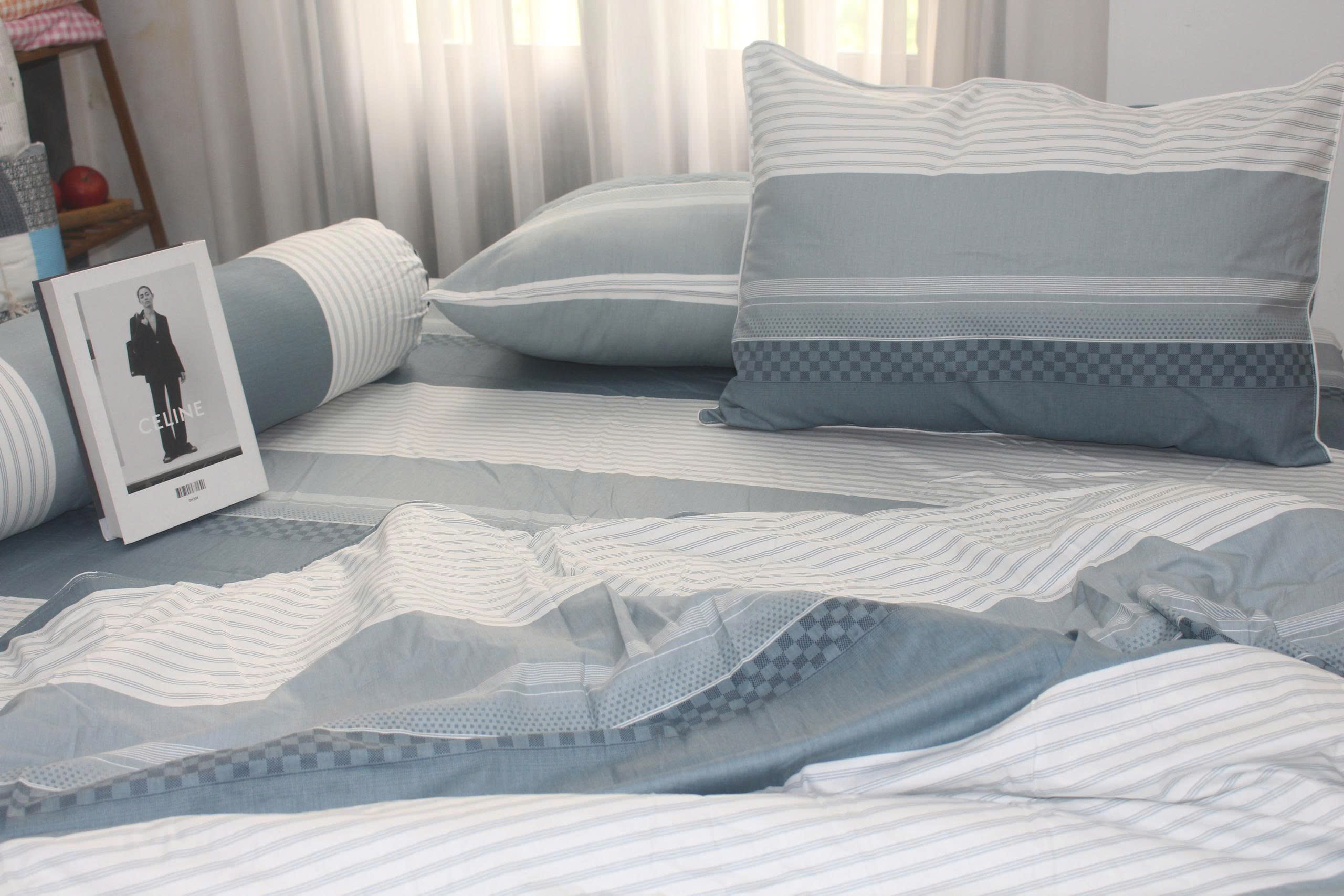 Bộ drap gối KHA LY - 100% cotton thiên nhiên Sọc Ngang Xám