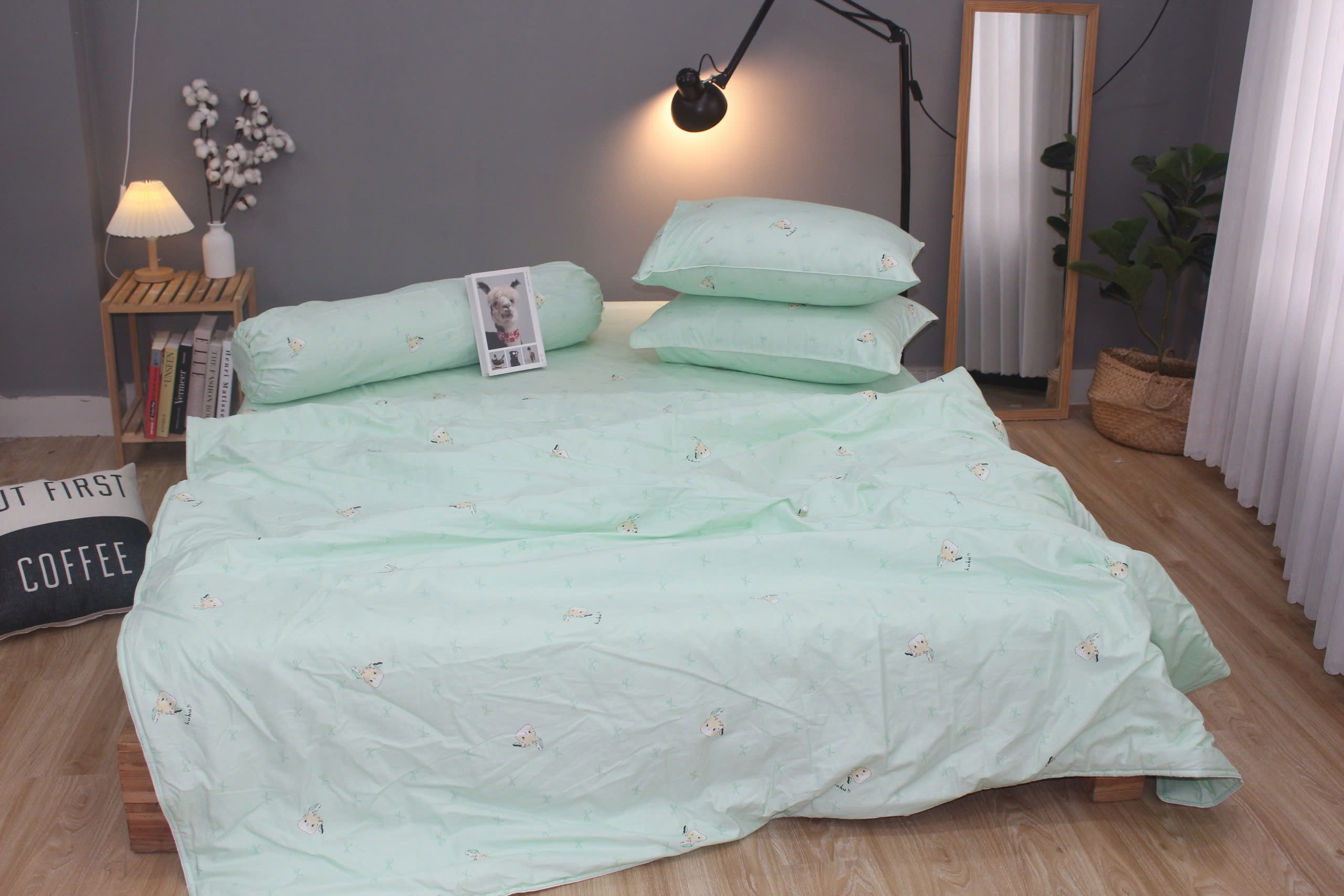 Bộ drap gối KHA LY - 100% cotton thiên nhiên Thỏ Nơ Lá