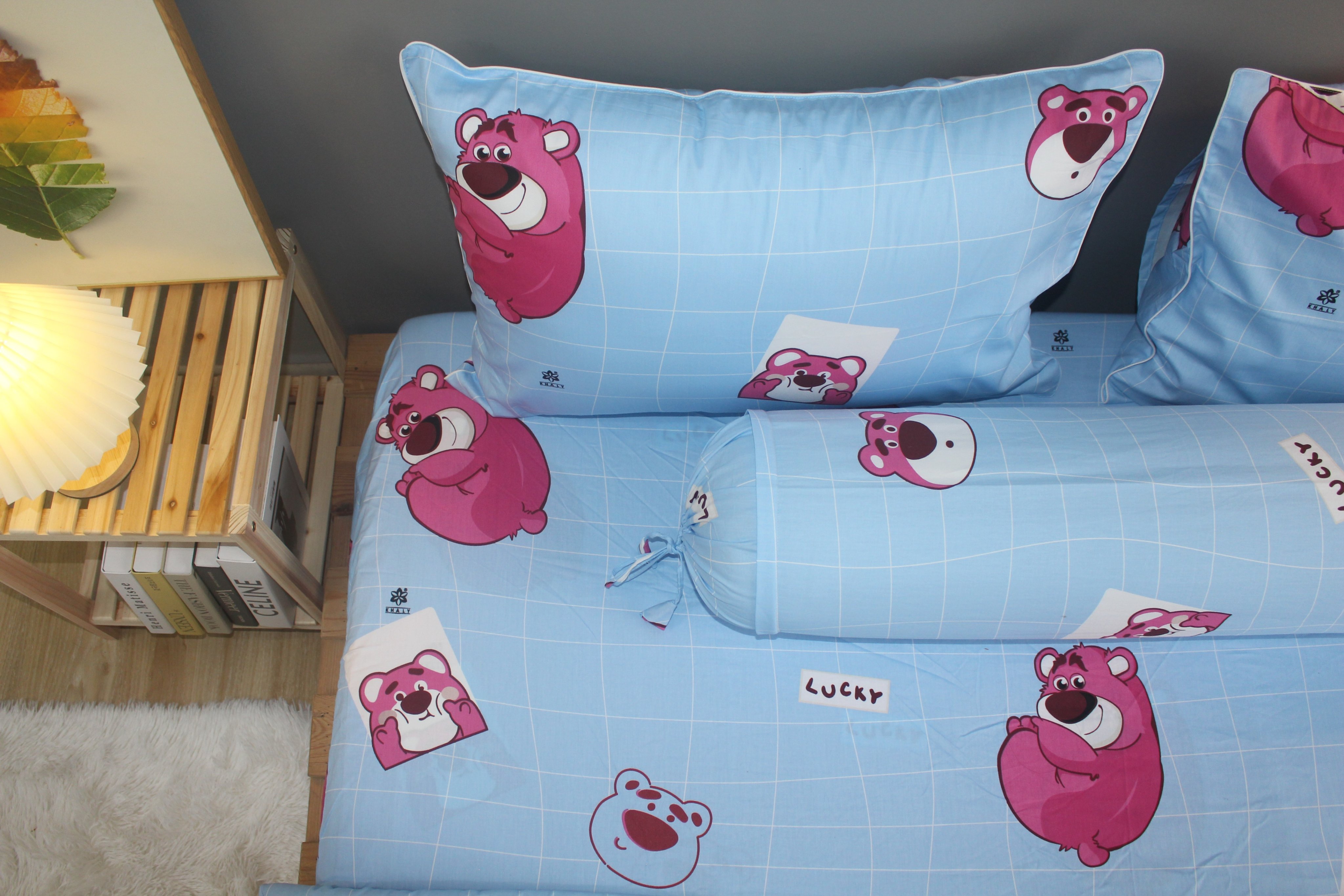 Bộ drap gối KHA LY - 100% cotton thiên nhiên  Lotso Xanh