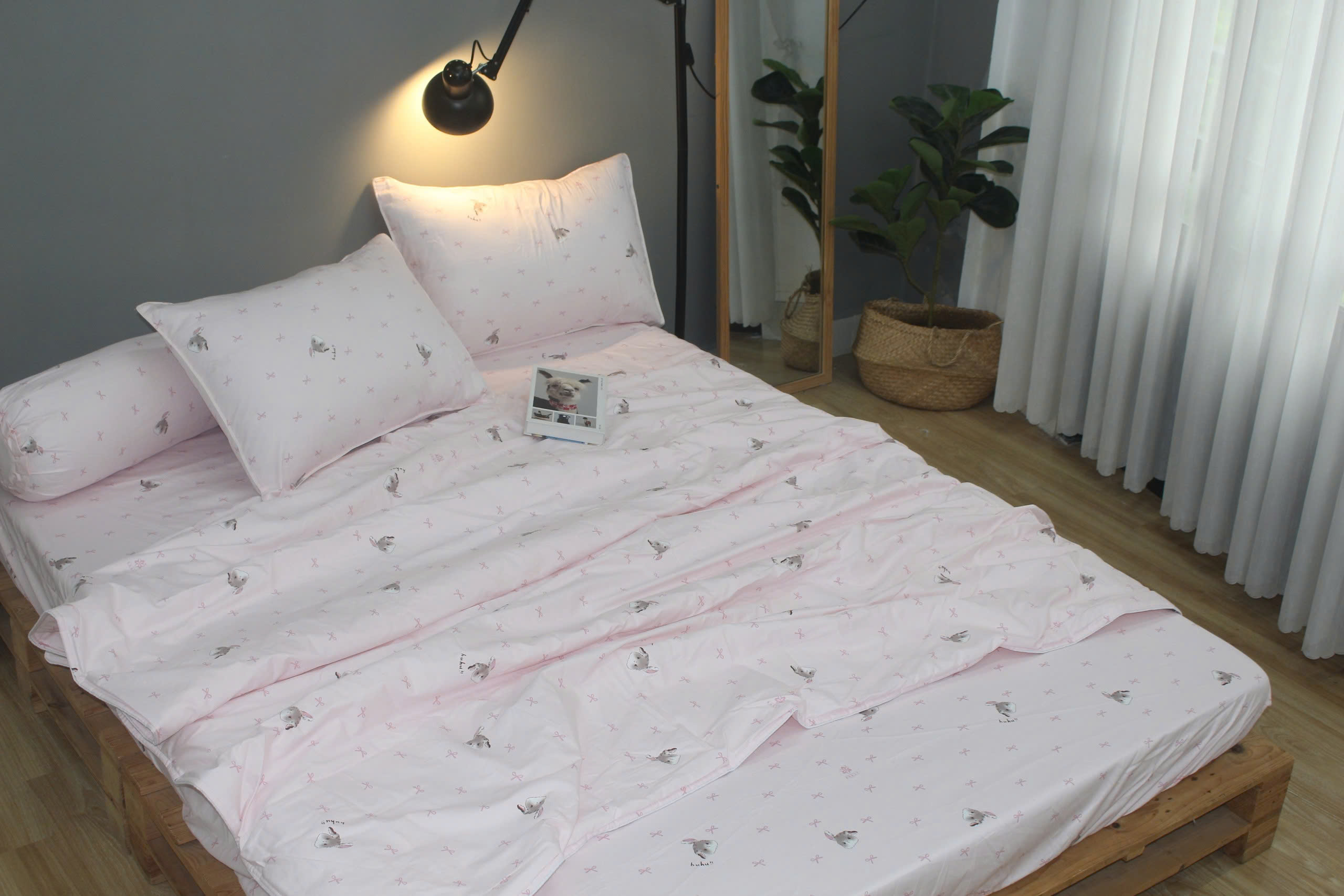Bộ drap gối KHA LY - 100% cotton thiên nhiên Thỏ Nơ Hồng