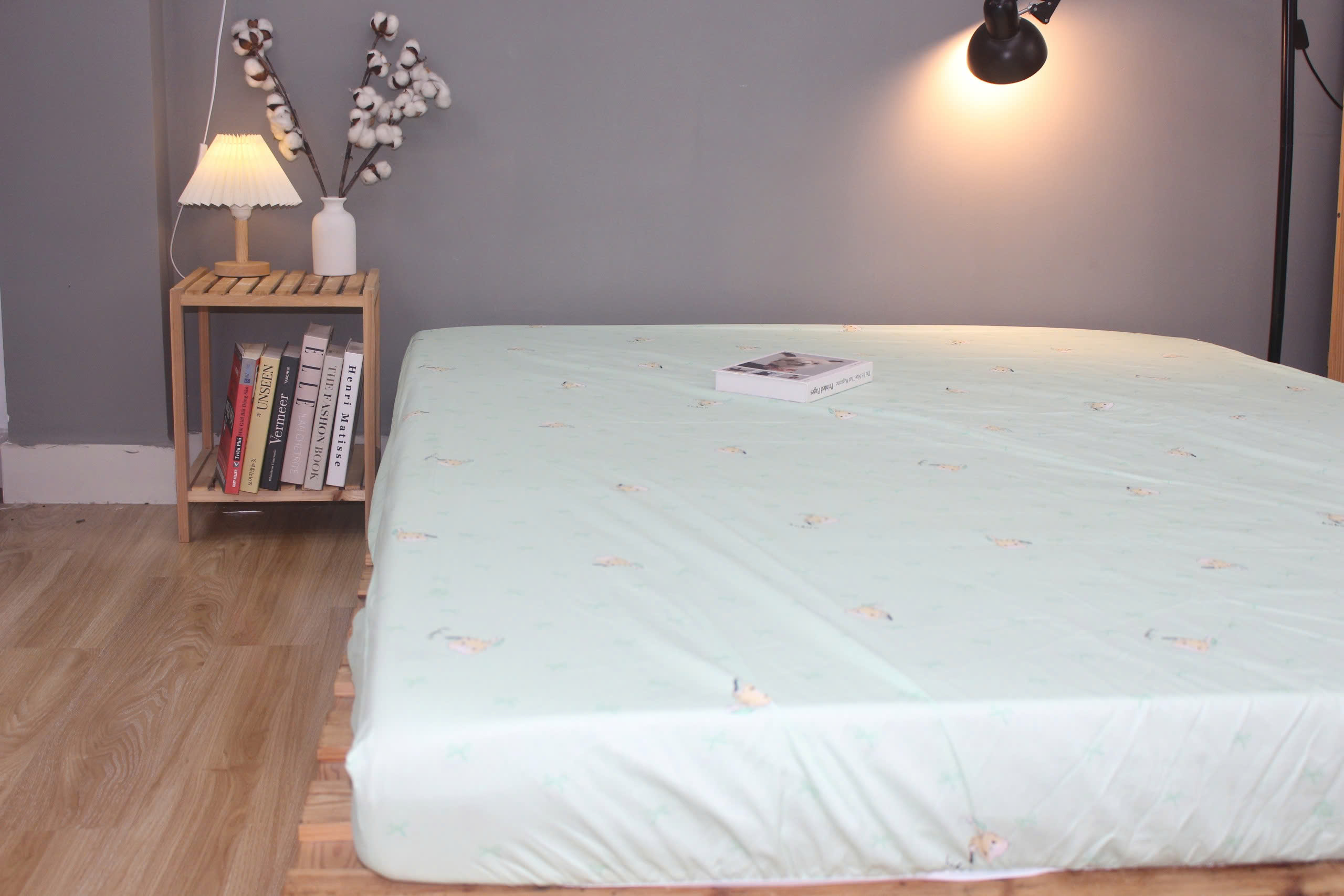 Bộ drap gối KHA LY - 100% cotton thiên nhiên Thỏ Nơ Lá