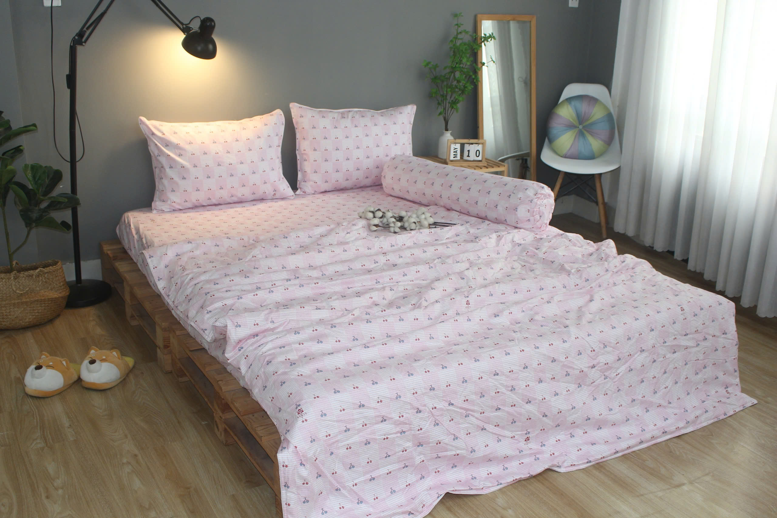 Bộ drap gối KHA LY - 100% cotton thiên nhiên Cherry Hồng