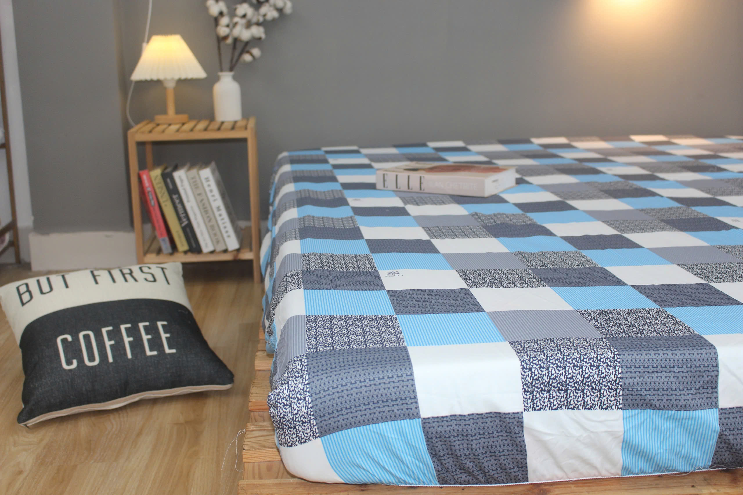 Bộ drap gối KHA LY - 100% cotton thiên nhiên Caro Xanh
