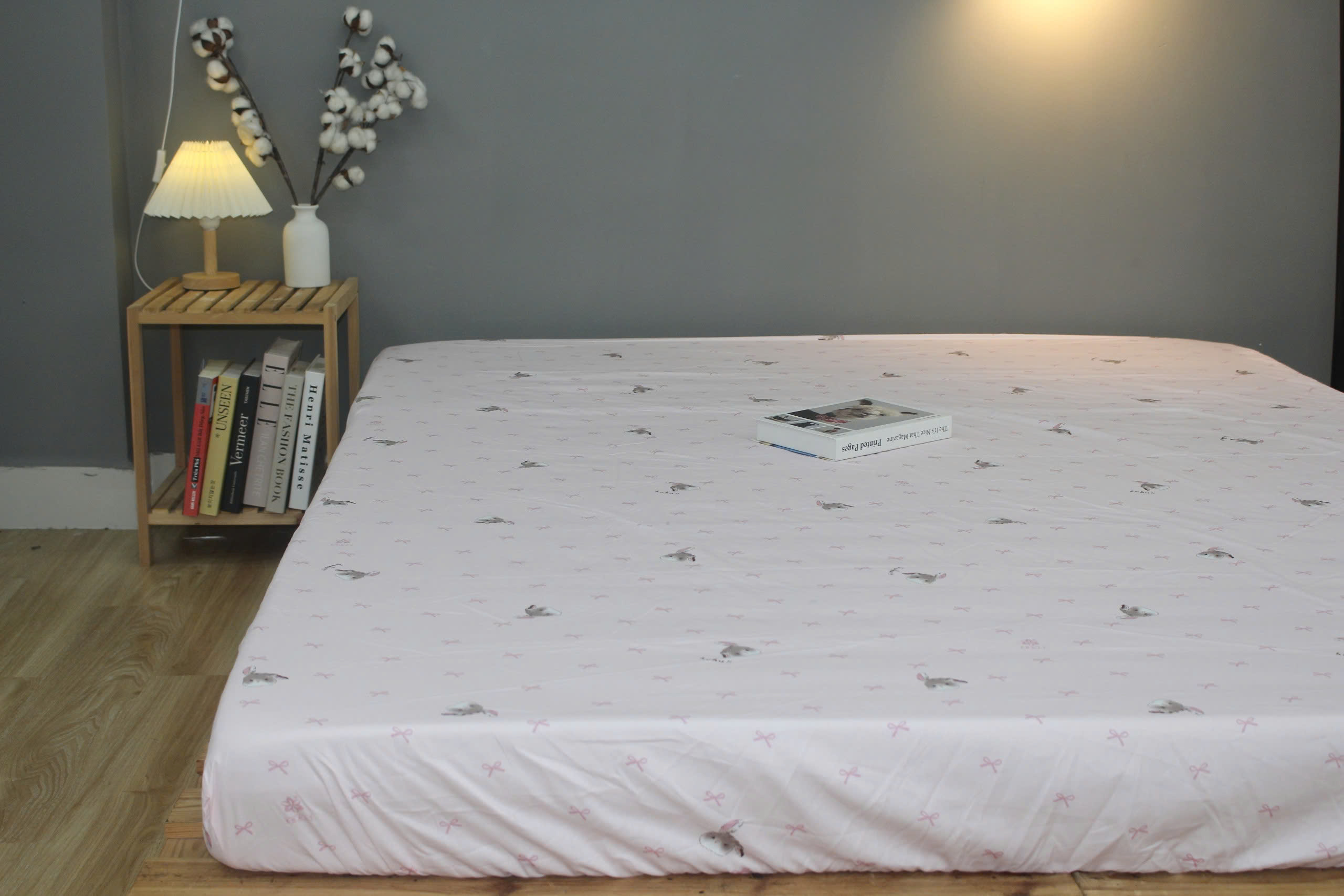Bộ drap gối KHA LY - 100% cotton thiên nhiên Thỏ Nơ Hồng